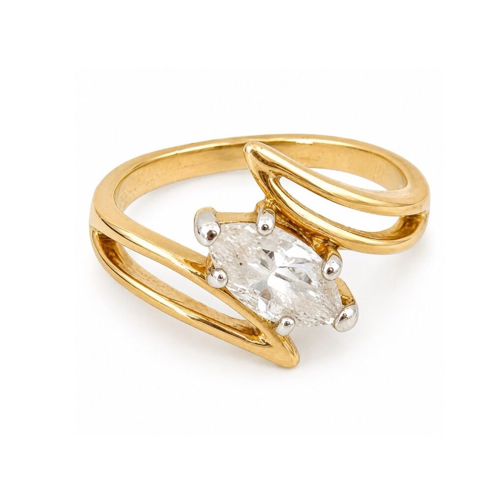 Vintage 1970s Ring Size 6 Uncas CZ Solitaire Bypass Gold Plated - 14R